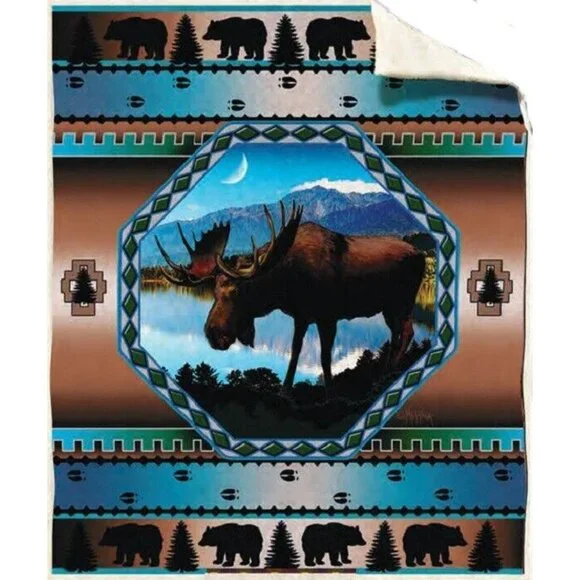 New Moose Lake Sherpa Gift Fleece Throw Blanket Southwest Teal Blue Bears Tracks - Picture 1 of 2